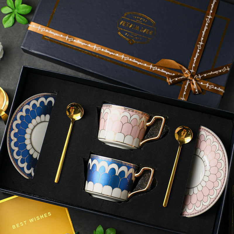 Luxury European Fine Ceramic Coffee Cup and Saucer Set, High-End Elegant Light Luxury Tableware for Home, Premium Gift Box Set for Housewarming, Wedding & Home Decor, Microwave Safe