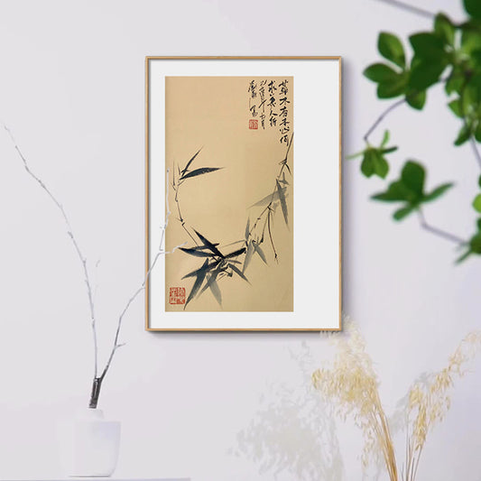 V" Wabi-Sabi Zen Wall Art for Tea Room, Chinese Ink Bamboo Painting,Hand-Painted Botanical Scroll, Asian Minimalist Bedroom Mural, Natural Wood Framed Decor for Entryway Dining Room"