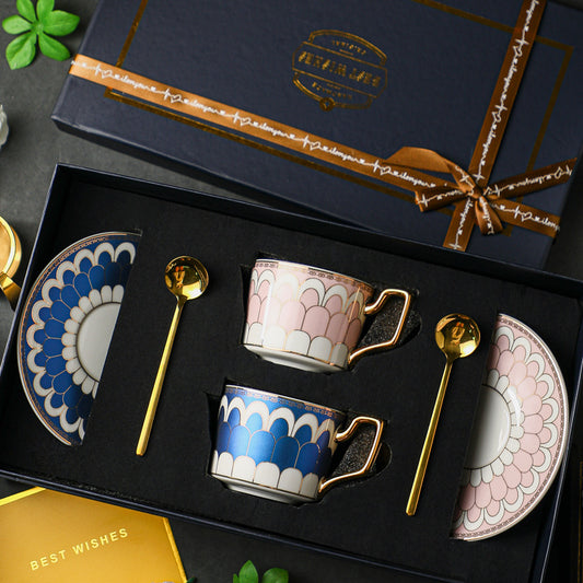 Luxury European Fine Ceramic Coffee Cup and Saucer Set, High-End Elegant Light Luxury Tableware for Home, Premium Gift Box Set for Housewarming, Wedding & Home Decor, Microwave Safe
