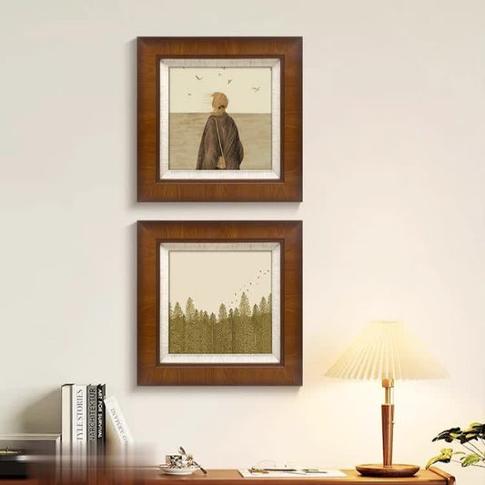 Solid Wood Frame French Vintage Landscape Art Wall Print | Retro Mid-Century Modern Dining Room & Bedroom Decor | Premium Abstract Canvas Painting for Entryway Hallway