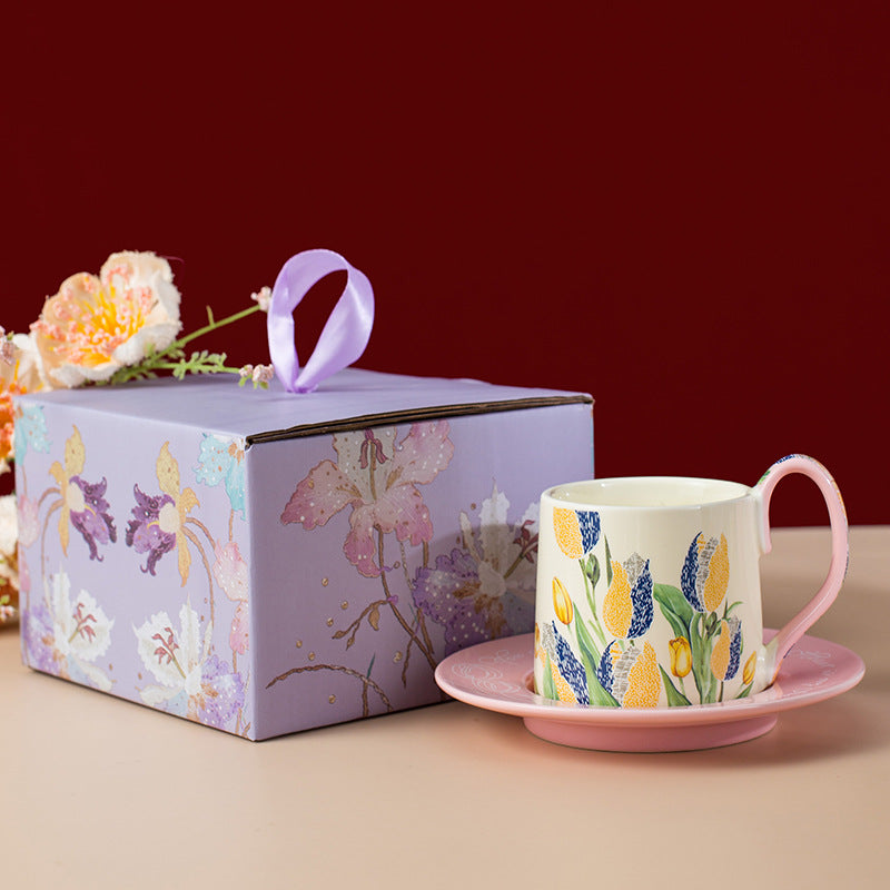 Tulip Ceramic Coffee Mug & Saucer Set, French Country Style Aesthetic Drinkware, Instagram-Worthy Vintage Tea Cup, Luxury Gift Box for Mother's Day, Housewarming & Bridal Shower