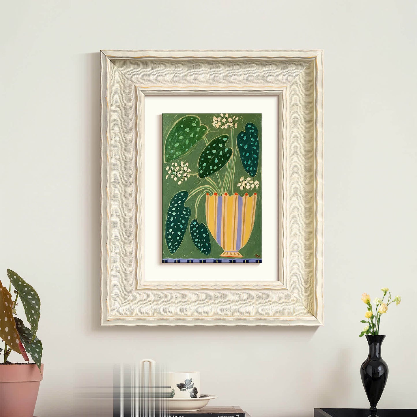 Natural Silk Abstract Floral Wall Art, French Boho Retro Canvas Painting for Living Room, Green Healing Decor, Mid-Century Modern Sofa Background Wall, Bedroom and Entryway Hanging