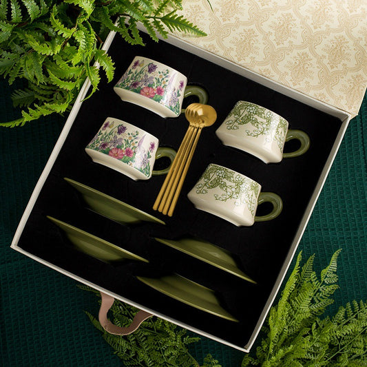 Elegant Floral Garden Ceramic Coffee Mug & Saucer Gift Set with Spoon, Luxury Gift Box for Mother's Day, Birthday, Housewarming, Elegant Afternoon Tea & Home Entertaining