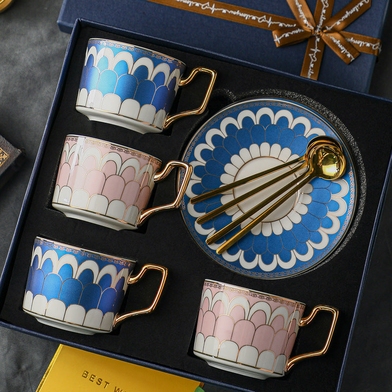 Luxury European Fine Ceramic Coffee Cup and Saucer Set, High-End Elegant Light Luxury Tableware for Home, Premium Gift Box Set for Housewarming, Wedding & Home Decor, Microwave Safe