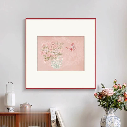 "Elegant Porcelain Butterfly" Natural Silk Fabric French Floral Wall Art, Chinoiserie Ceramic Painting for Dining Room Sideboard, Mid-Century Modern Girls Room Decor, Blue White Vase Canvas Print