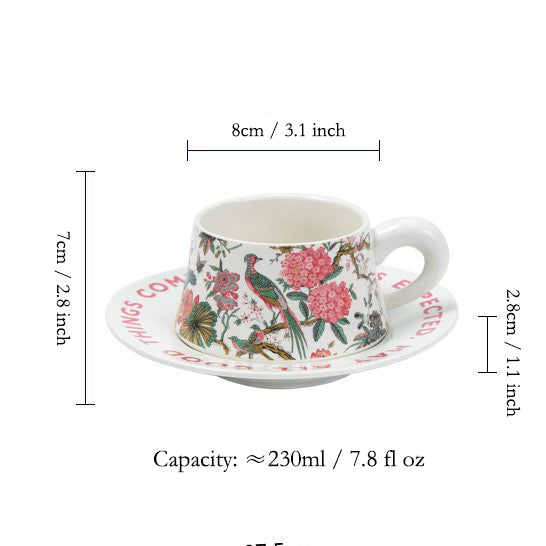 Vintage French Ceramic Coffee Mugs & Saucers Set, Large Capacity Floral Bird Print - Elegant Boho Retro Cups for Tea, Cafe Au Lait, Gift Box with Gold Trim