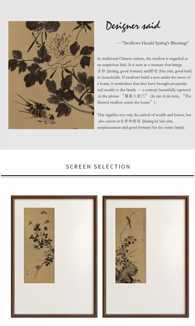 "Chinoiserie Swallow Wall Art 'Spring Swallow Brings Bliss', French Chinese Style Canvas Painting for Living Room, Entryway Decor, Zen Bedroom Study Tea Room Hanging Scroll, Oriental Botanical "