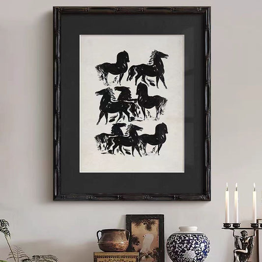 Solid Wood Framed Wall Art Set - Vintage Mid-Century Modern Gallery Collection, Brown Wood Frame Canvas Prints for Living Room, Abstract Landscape Painting, Ready to Hang Entryway Decor, Asian Zen Inspired Animal Art