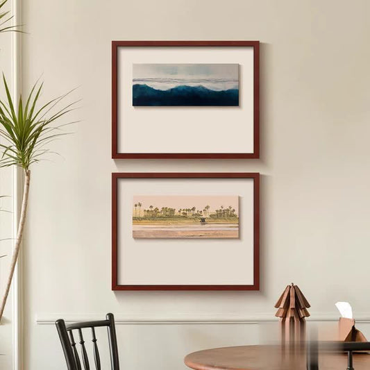 "Ink Mountain" Natural Vintage-style Silk Fabric Asian Mid-Century Modern Wall Art, Textured Canvas Painting for Restaurant & Dining Room, Zen Minimalist Background Decor, Abstract Landscape Print