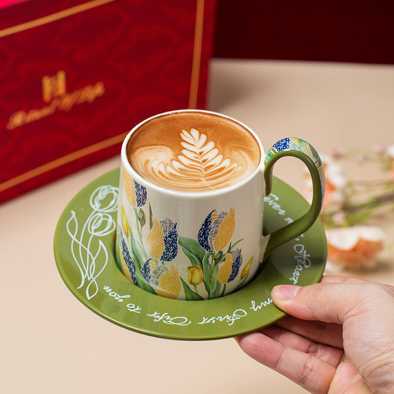 Tulip Ceramic Coffee Mug & Saucer Set, French Country Style Aesthetic Drinkware, Instagram-Worthy Vintage Tea Cup, Luxury Gift Box for Mother's Day, Housewarming & Bridal Shower