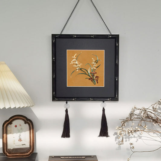 French Provincial Bamboo-Joint Solid Wood Frame Wall Art - Mid-Century Modern Tassel Decor, Small Size Oriental  for Gallery Wall, Minimalist Asian Hanging