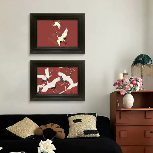 "New Chinese Style Crane Painting 'Breeze with Rising Crane', Boho Chic Mid-Century Modern Wall Art, Oriental Zen Decor for Living Room, Dining Room, Entryway, Gold Leaf Canvas Print for Luxury Home Decor"