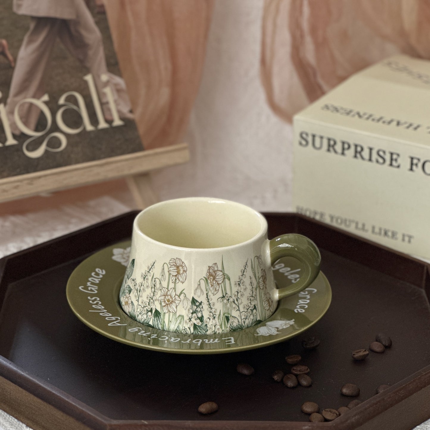 Floral Garden Ceramic Coffee Mug & Saucer Set, Hand-Painted Tea Cup with Gift Box for Women, Elegant Bone China Cup, Luxury Wedding & Housewarming Present