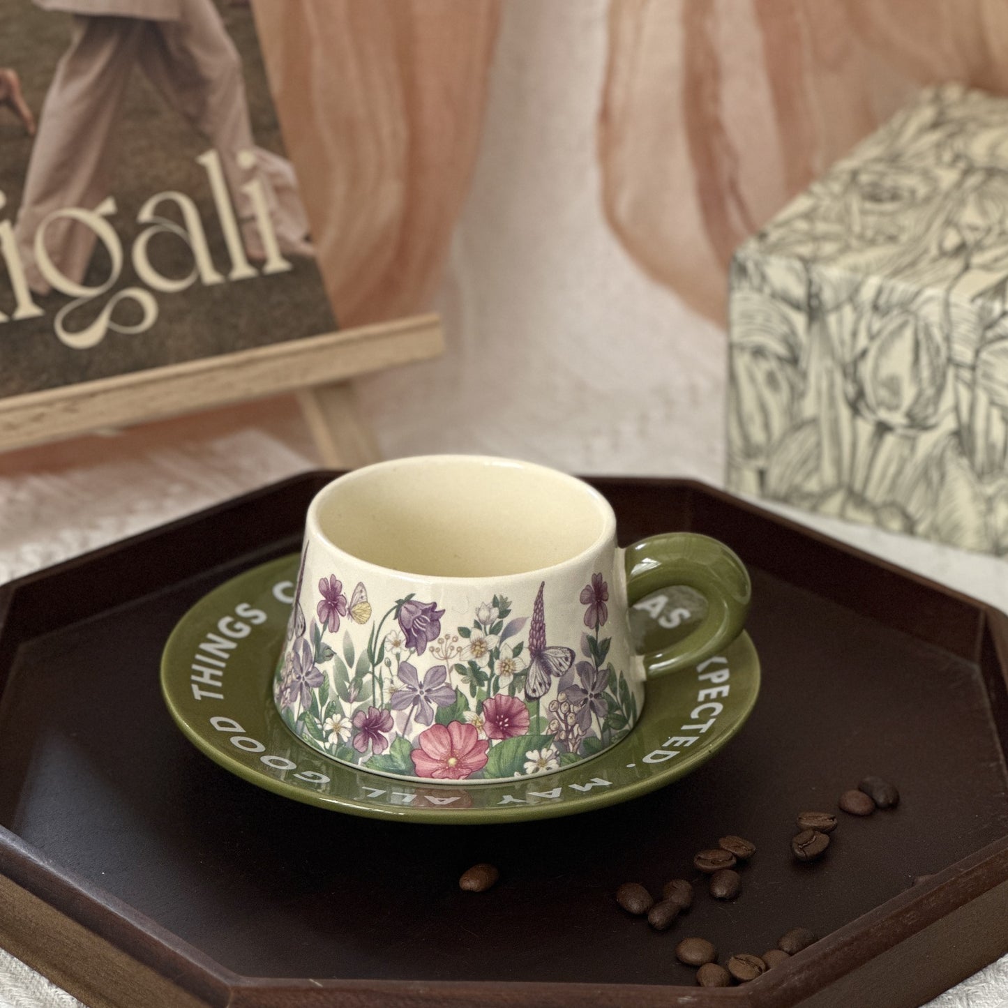 Floral Garden Ceramic Coffee Mug & Saucer Set, Hand-Painted Tea Cup with Gift Box for Women, Elegant Bone China Cup, Luxury Wedding & Housewarming Present