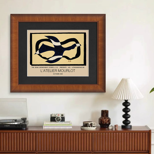 Vintage French Abstract Wall Art - Mid-Century Modern Dog Painting in Solid Wood Frame, Boho Gallery Canvas for Living Room, Cottagecore Bedroom, Old Money Aesthetic Decor