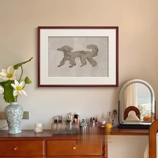 Vintage French Abstract Dog Wall Art - Distressed Wood Frame Joyful Canvas Print for Bohemian Bedroom, Mid-Century Modern Living Room Decor