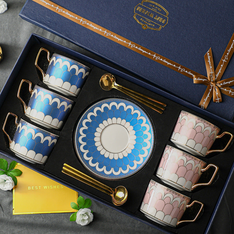 Luxury European Fine Ceramic Coffee Cup and Saucer Set, High-End Elegant Light Luxury Tableware for Home, Premium Gift Box Set for Housewarming, Wedding & Home Decor, Microwave Safe