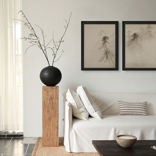 "Wabi-Sabi Pine Forest Wall Art, Mid-Century Modern Chinese Ink Painting, Zen Landscape Canvas Print for Entryway Hallway, Asian Minimalist Scroll, Living Room Sofa Background Mural, Natural Textured Art"