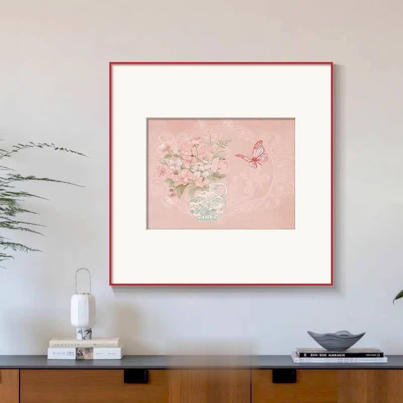 "Elegant Porcelain Butterfly" Natural Silk Fabric French Floral Wall Art, Chinoiserie Ceramic Painting for Dining Room Sideboard, Mid-Century Modern Girls Room Decor, Blue White Vase Canvas Print