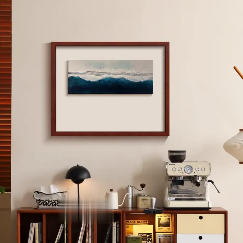 "Ink Mountain" Natural Vintage-style Silk Fabric Asian Mid-Century Modern Wall Art, Textured Canvas Painting for Restaurant & Dining Room, Zen Minimalist Background Decor, Abstract Landscape Print