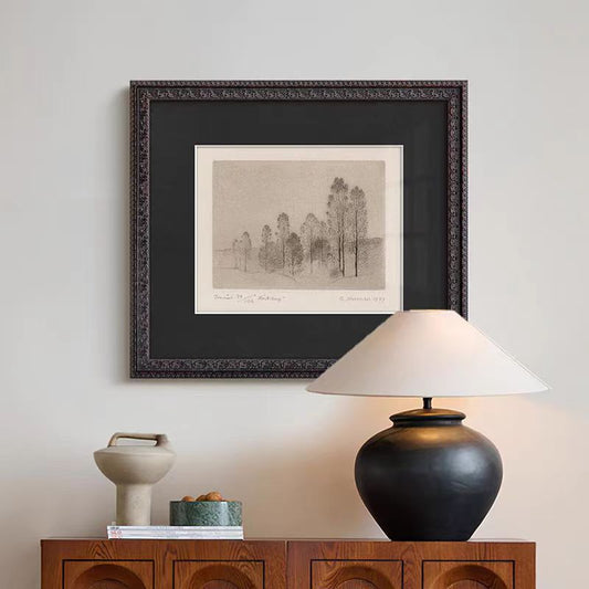 Vintage French Mid-Century Modern Wall Art - Forest Ink Wash Botanical Painting, Solid Wood Framed  for Living Room, Asian Zen Dining Room Decor, Gallery Ready Bedroom Landscape , Wabi-Sabi Inspired Entryway Mural