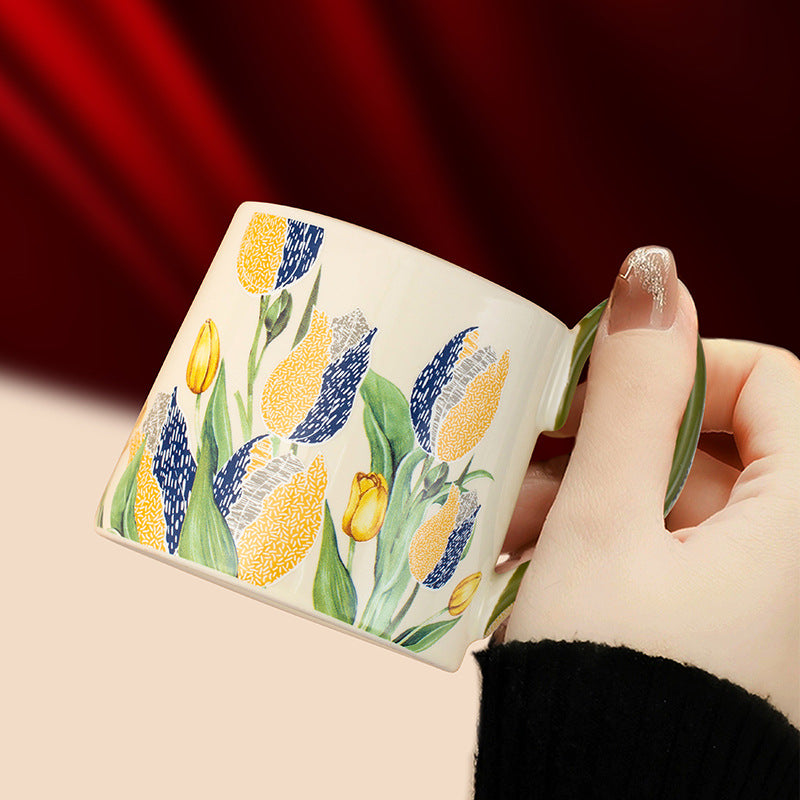 Tulip Ceramic Coffee Mug & Saucer Set, French Country Style Aesthetic Drinkware, Instagram-Worthy Vintage Tea Cup, Luxury Gift Box for Mother's Day, Housewarming & Bridal Shower