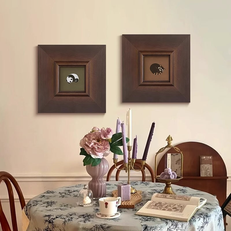 Solid Wood Framed "Panda" Wall Art - Mid-Century Modern Animal Print with Maillard Tones, French Vintage Gallery Wall Set for Living Room, Premium Animal Group Painting for Dining Room