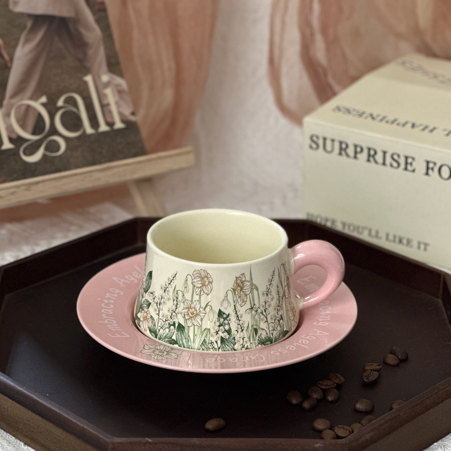 Floral Garden Ceramic Coffee Mug & Saucer Set, Hand-Painted Tea Cup with Gift Box for Women, Elegant Bone China Cup, Luxury Wedding & Housewarming Present