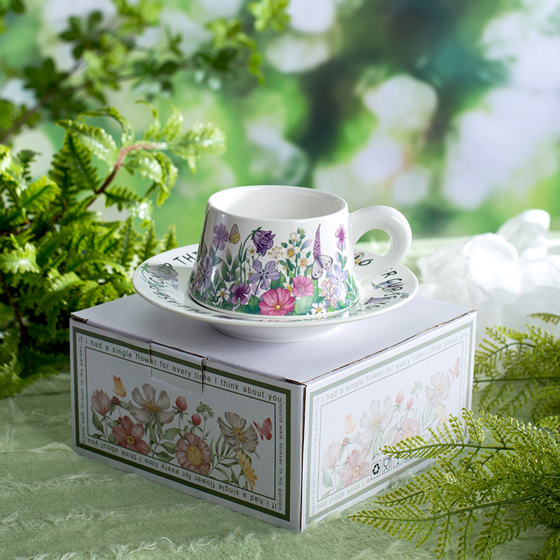 Floral Garden Ceramic Coffee Mug & Saucer Set, Hand-Painted Tea Cup with Gift Box for Women, Elegant Bone China Cup, Luxury Wedding & Housewarming Present