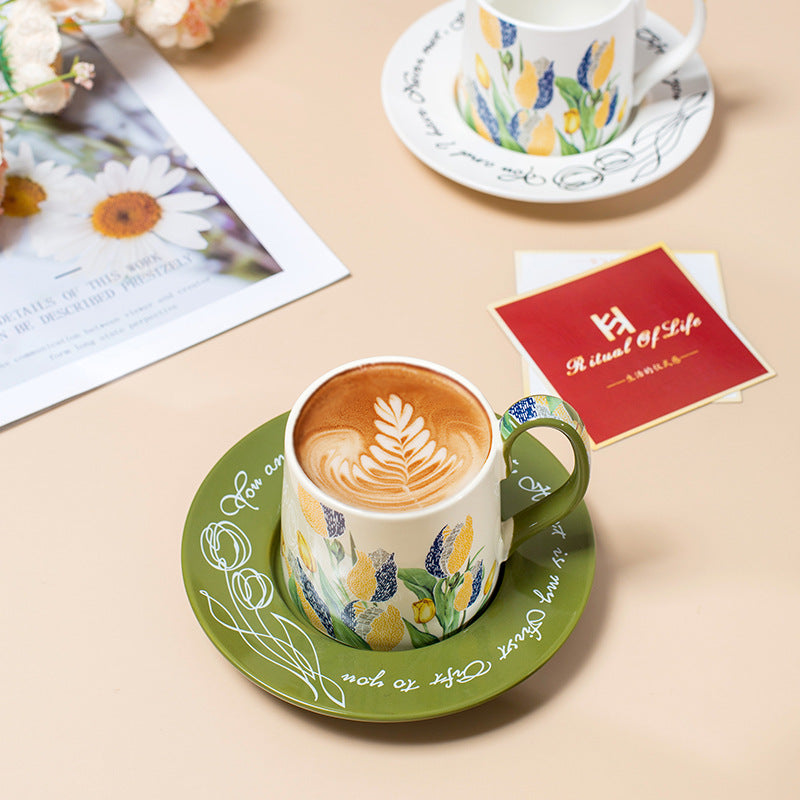 Tulip Ceramic Coffee Mug & Saucer Set, French Country Style Aesthetic Drinkware, Instagram-Worthy Vintage Tea Cup, Luxury Gift Box for Mother's Day, Housewarming & Bridal Shower
