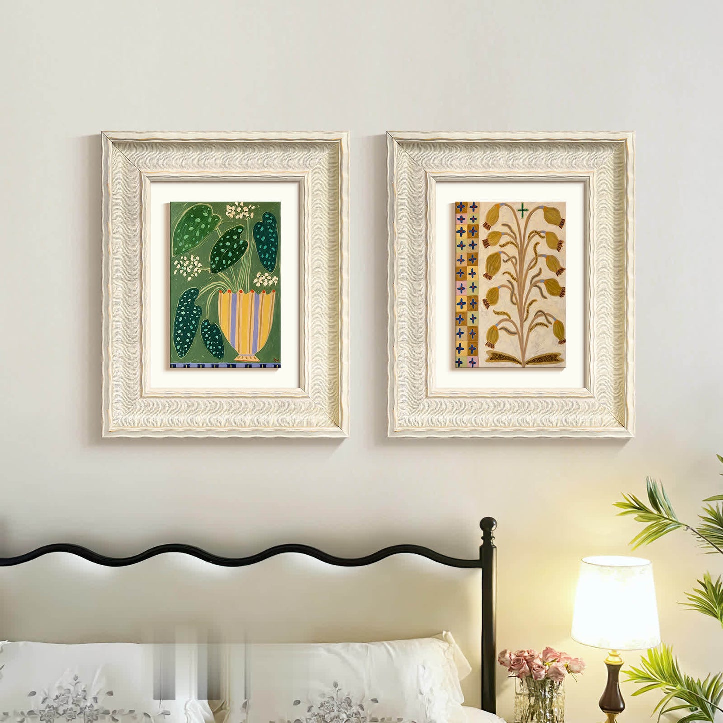 Natural Silk Abstract Floral Wall Art, French Boho Retro Canvas Painting for Living Room, Green Healing Decor, Mid-Century Modern Sofa Background Wall, Bedroom and Entryway Hanging