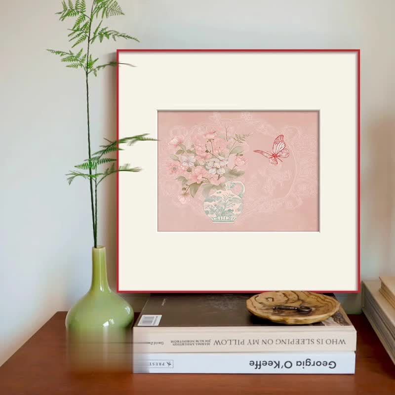 "Elegant Porcelain Butterfly" Natural Silk Fabric French Floral Wall Art, Chinoiserie Ceramic Painting for Dining Room Sideboard, Mid-Century Modern Girls Room Decor, Blue White Vase Canvas Print