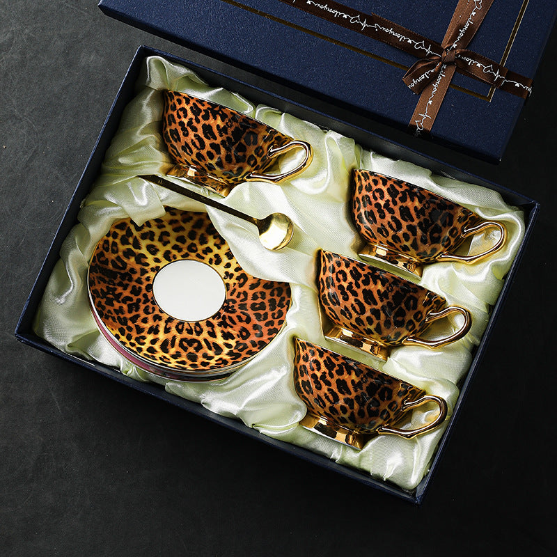 Vintage Leopard Print Bone China Coffee Cup & Saucer Set, Luxury Gold Trim Elegant Tea Set for Afternoon Tea, Retro Ceramic Mugs, Gift Box for Women, Housewarming & Party