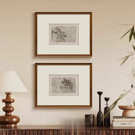 Vintage French Mid-Century Modern Wall Art - Light Ink Pine Tree Painting, Solid Wood Framed Canvas for Living Room Sofa Background, Retro Gallery Wall Decor, Abstract Botanical Print for Elegant Sideboard
