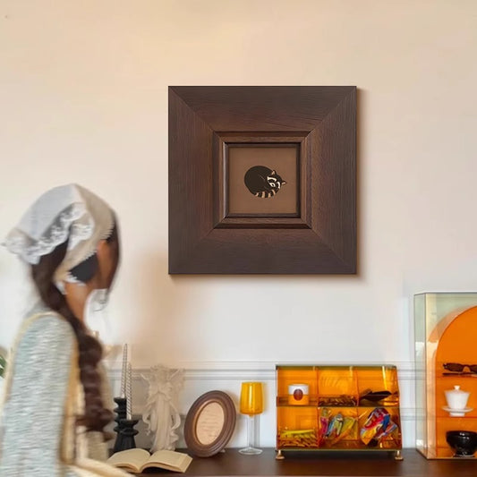 Solid Wood Framed "Panda" Wall Art - Mid-Century Modern Animal Print with Maillard Tones, French Vintage Gallery Wall Set for Living Room, Premium Animal Group Painting for Dining Room