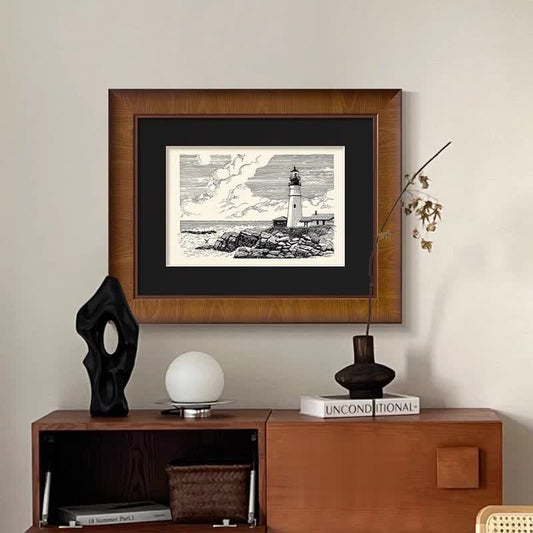 Vintage French Mid-Century Modern Wall Art - Lighthouse Nautical Coastal Painting, Solid Wood Framed Canvas for Living Room Sofa Background, Retro Beach House Decor, Nautical Abstract Print for Coastal Wall Hanging
