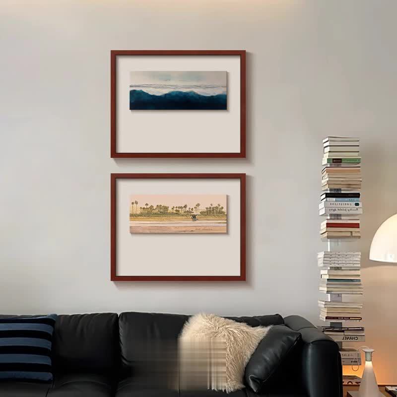 "Ink Mountain" Natural Vintage-style Silk Fabric Asian Mid-Century Modern Wall Art, Textured Canvas Painting for Restaurant & Dining Room, Zen Minimalist Background Decor, Abstract Landscape Print