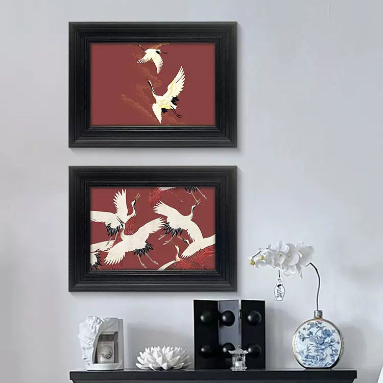 "New Chinese Style Crane Painting 'Breeze with Rising Crane', Boho Chic Mid-Century Modern Wall Art, Oriental Zen Decor for Living Room, Dining Room, Entryway, Gold Leaf Canvas Print for Luxury Home Decor"