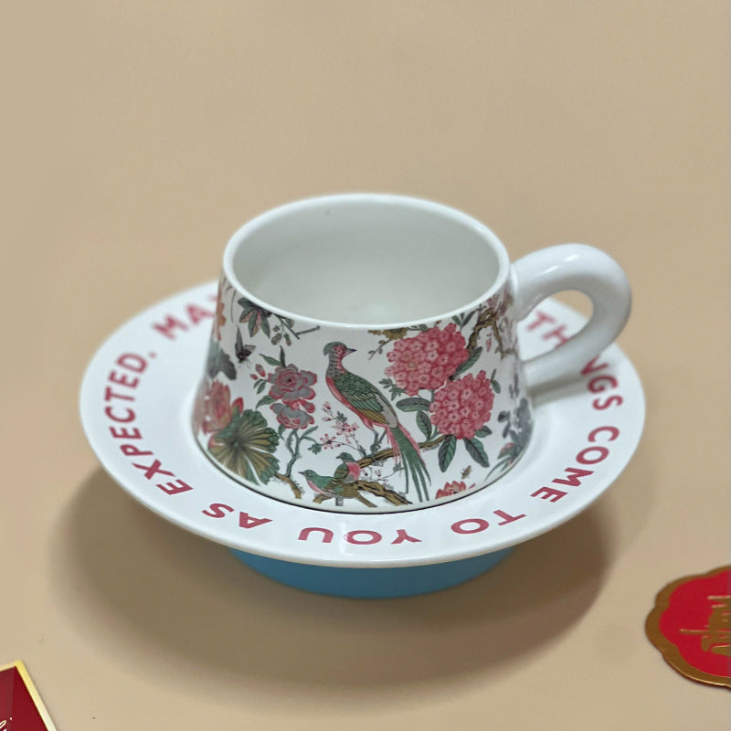 Vintage French Ceramic Coffee Mugs & Saucers Set, Large Capacity Floral Bird Print - Elegant Boho Retro Cups for Tea, Cafe Au Lait, Gift Box with Gold Trim