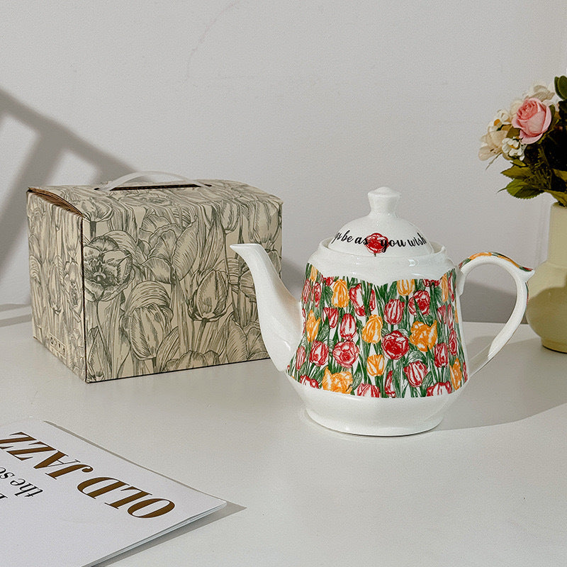 Garden Fruit Basket Ceramic Drinkware Set - Premium Porcelain Cold Water Kettle, Coffee Mug & Cup Saucer, Rustic Modern Farmhouse Style, Microwave & Dishwasher Safe, Ideal for Daily Use & Housewarming Gift