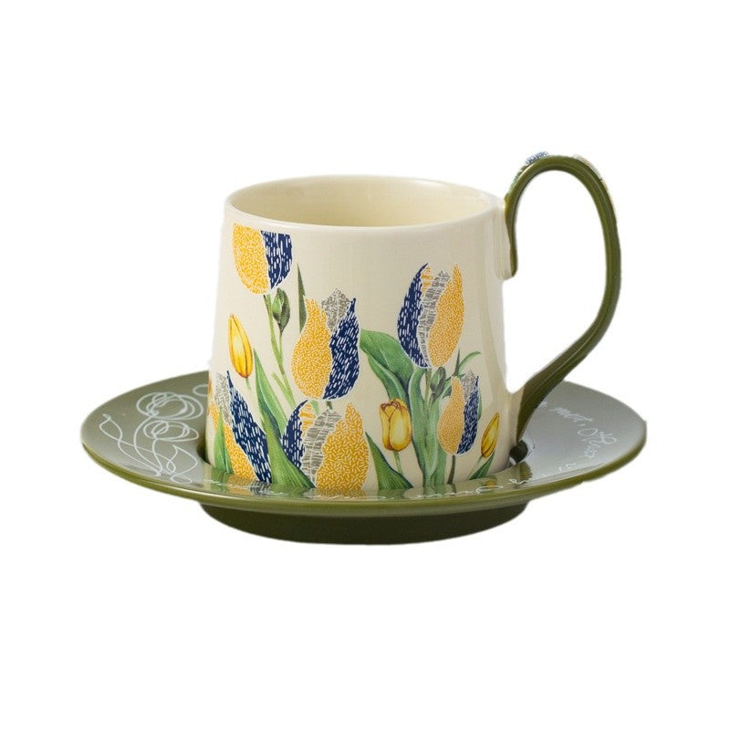 Tulip Ceramic Coffee Mug & Saucer Set, French Country Style Aesthetic Drinkware, Instagram-Worthy Vintage Tea Cup, Luxury Gift Box for Mother's Day, Housewarming & Bridal Shower