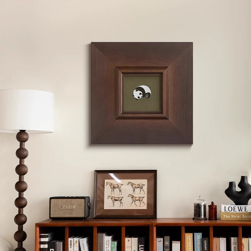 Solid Wood Framed "Panda" Wall Art - Mid-Century Modern Animal Print with Maillard Tones, French Vintage Gallery Wall Set for Living Room, Premium Animal Group Painting for Dining Room