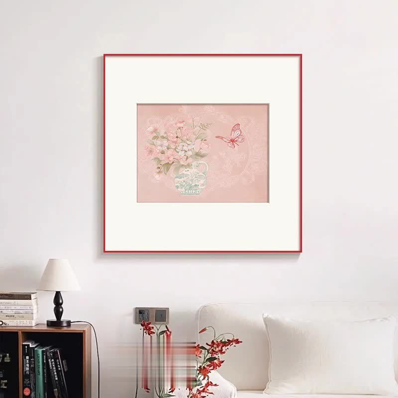 "Elegant Porcelain Butterfly" Natural Silk Fabric French Floral Wall Art, Chinoiserie Ceramic Painting for Dining Room Sideboard, Mid-Century Modern Girls Room Decor, Blue White Vase Canvas Print