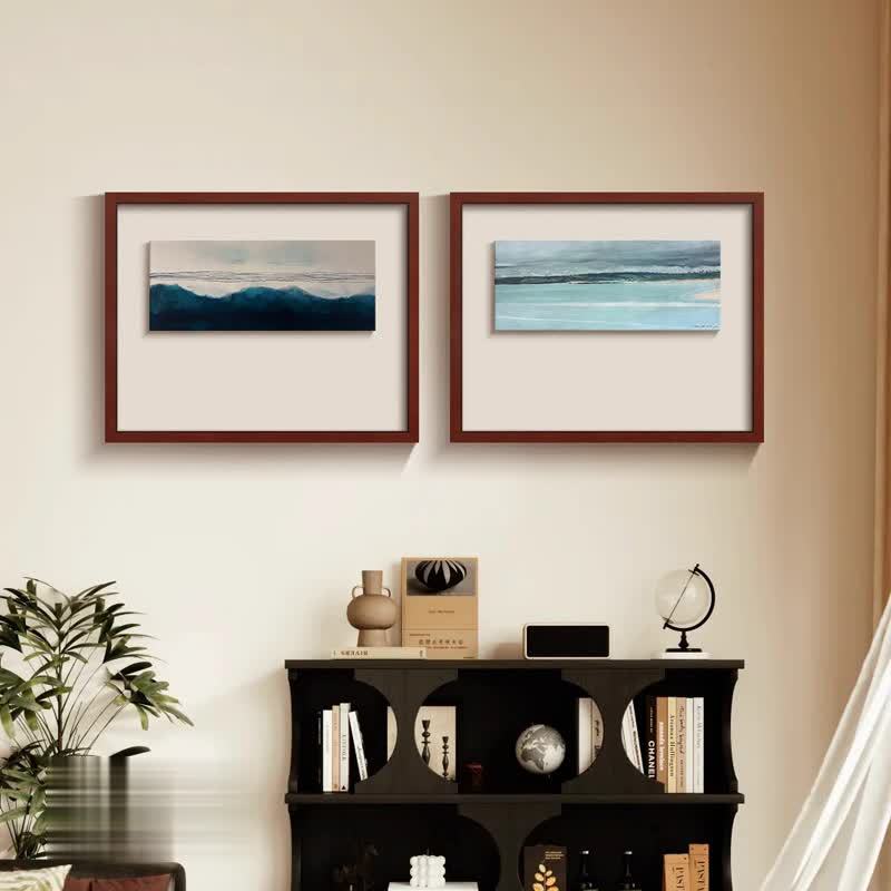 "Ink Mountain" Natural Vintage-style Silk Fabric Asian Mid-Century Modern Wall Art, Textured Canvas Painting for Restaurant & Dining Room, Zen Minimalist Background Decor, Abstract Landscape Print