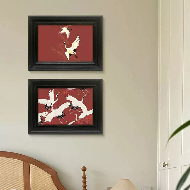 "New Chinese Style Crane Painting 'Breeze with Rising Crane', Boho Chic Mid-Century Modern Wall Art, Oriental Zen Decor for Living Room, Dining Room, Entryway, Gold Leaf Canvas Print for Luxury Home Decor"