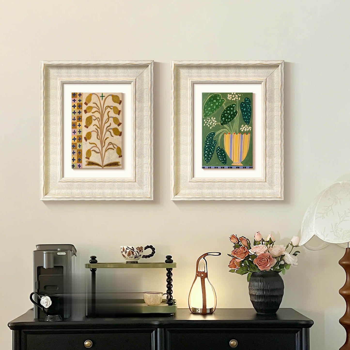 Natural Silk Abstract Floral Wall Art, French Boho Retro Canvas Painting for Living Room, Green Healing Decor, Mid-Century Modern Sofa Background Wall, Bedroom and Entryway Hanging