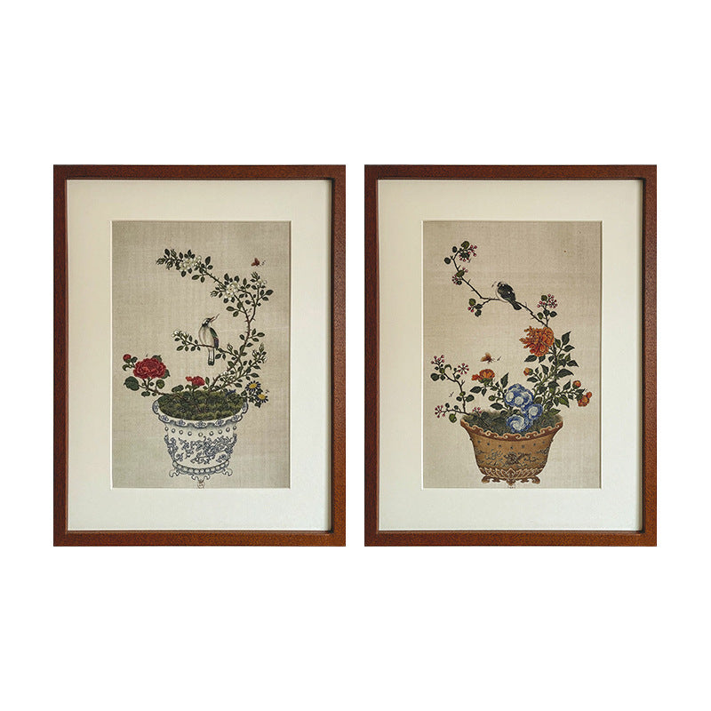 Asian Floral and Bird Artwork - Small Batch New Chinese Style Zen Mural for Living Room, Hallway, Mid-Century Modern Dresser Top Painting, Oriental Home Decoration