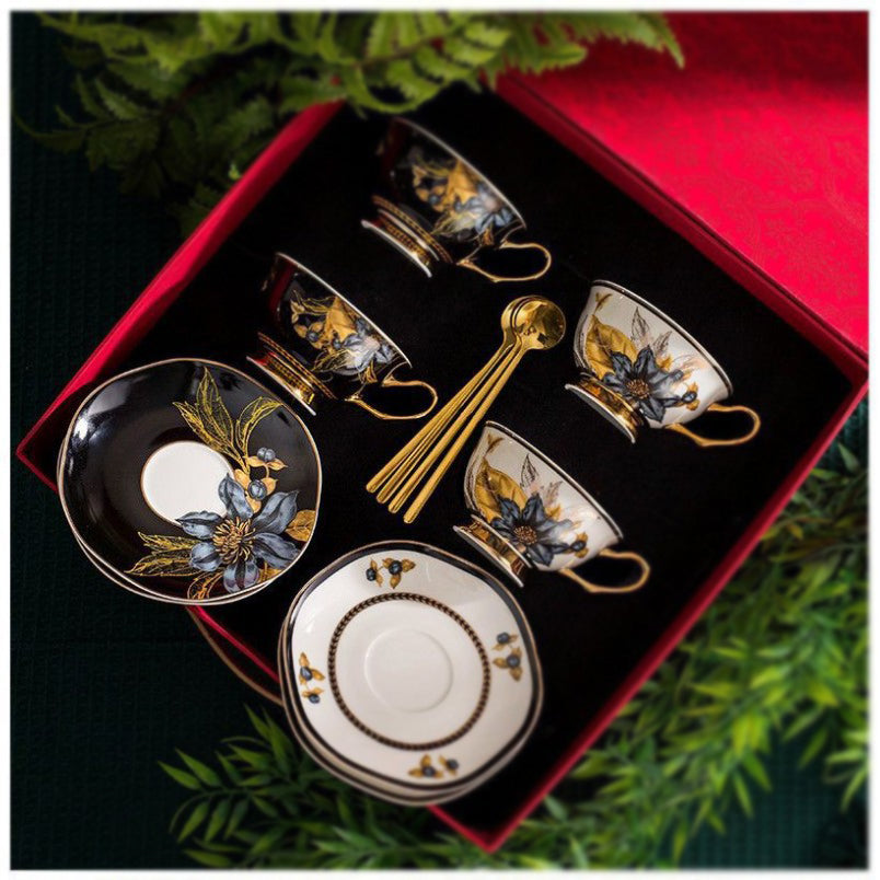 Vintage Luxury Bone China Coffee Mug & Saucer Set, Elegant Ceramic Couple Cups with Gold Trim, Gift Box for Afternoon Tea, Retro Wedding & Housewarming Present