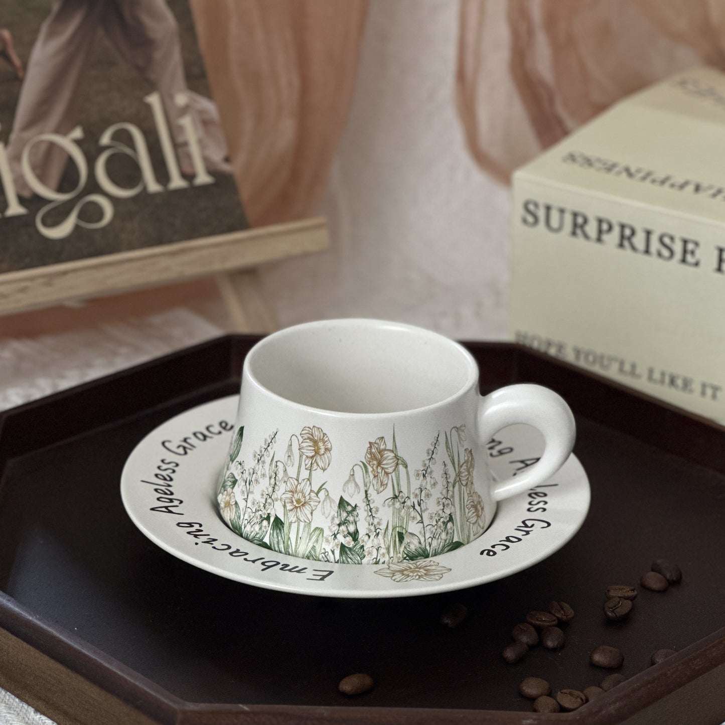 Floral Garden Ceramic Coffee Mug & Saucer Set, Hand-Painted Tea Cup with Gift Box for Women, Elegant Bone China Cup, Luxury Wedding & Housewarming Present