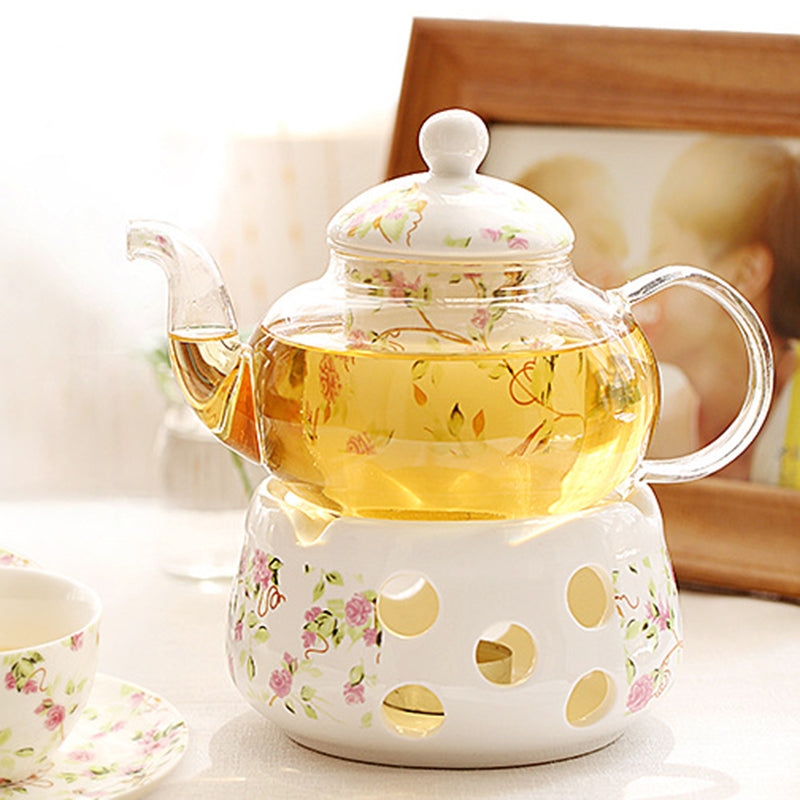 "Luxury English Light Luxury Floral Teapot Set with Candle Warmer Base - Heat-Resistant Glass Afternoon Tea Pot, Fruit & Flower Infuser,  Bohemian style Elegant Tea Service for Home Rituals, Gift-Ready"